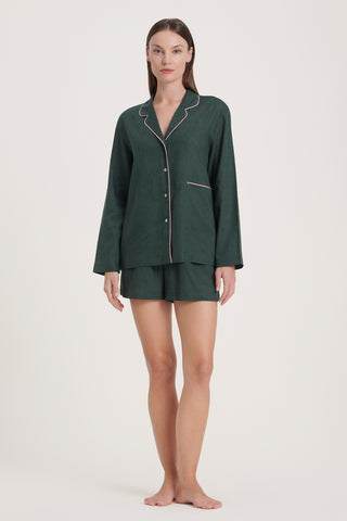 Linen-Bamboo Pajama Set with Shorts - Forest Green