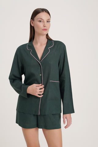 Linen-Bamboo Pajama Set with Shorts - Forest Green