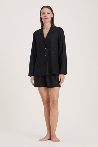 Linen-Bamboo Pajama Set with Shorts - Jet Black