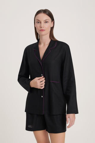 Linen-Bamboo Pajama Set with Shorts - Jet Black