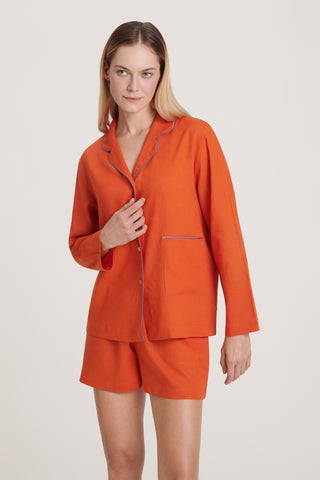 Linen-Bamboo Pajama Set with Shorts - Lava Orange