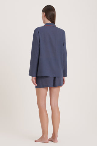 Linen-Bamboo Pajama Set with Shorts - Navy Blue