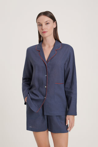 Linen-Bamboo Pajama Set with Shorts - Navy Blue