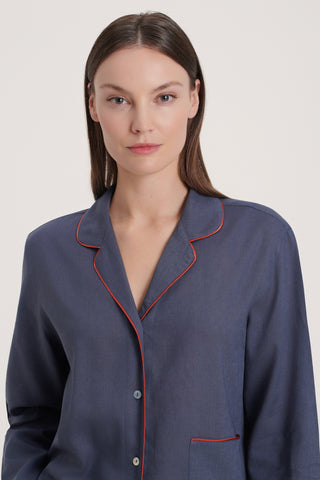 Linen-Bamboo Pajama Set with Shorts - Navy Blue