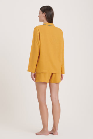 Linen-Bamboo Pajama Set with Shorts - Ocher Yellow