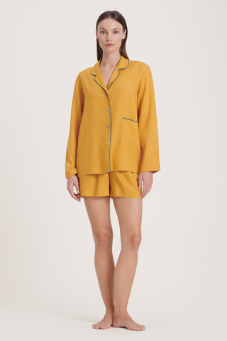 Linen-Bamboo Pajama Set with Shorts - Ocher Yellow