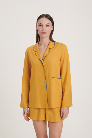 Linen-Bamboo Pajama Set with Shorts - Ocher Yellow