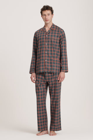 Cotton Pajama Set - Plaid - Forest Green and Tangerine