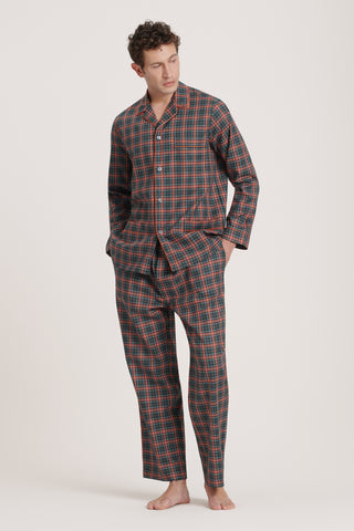 Cotton Pajama Set - Plaid - Forest Green and Tangerine