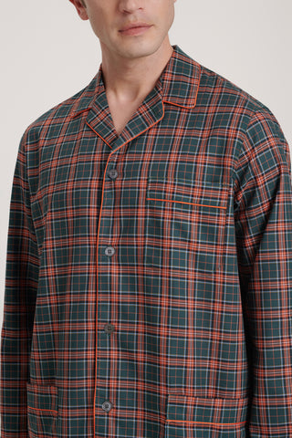 Cotton Pajama Set - Plaid - Forest Green and Tangerine