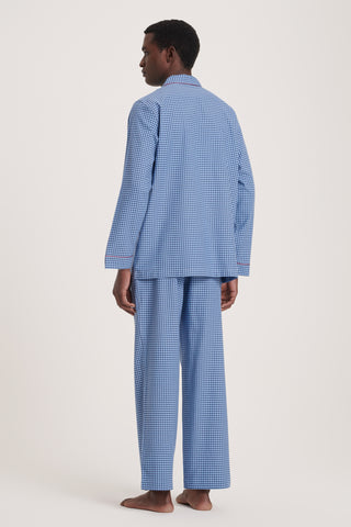 Premium Cotton Flannel Pajama Set - Gingham - Navy Blue and Sky