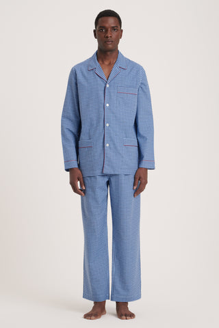 Premium Cotton Flannel Pajama Set - Gingham - Navy Blue and Sky