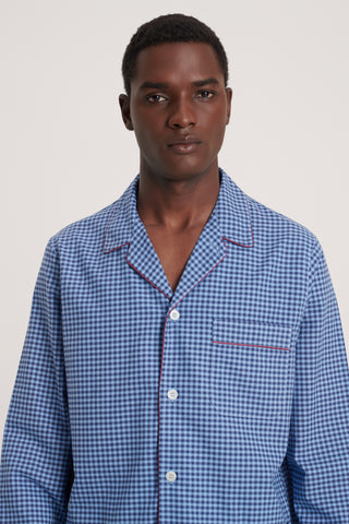 Premium Cotton Flannel Pajama Set - Gingham - Navy Blue and Sky