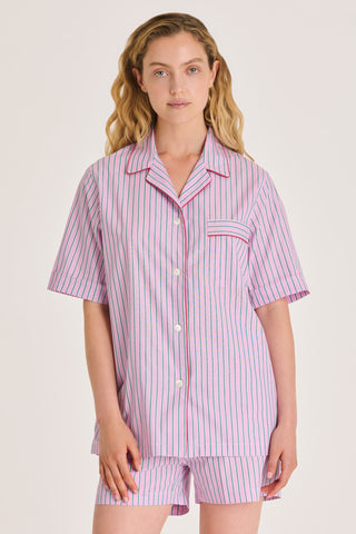 Fine Cotton Short Pajama Set - Pinstriped - Pink and Green