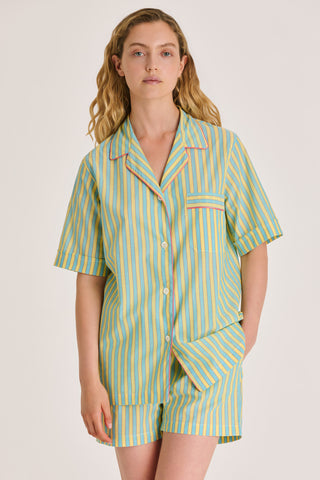 Ultra-Light Cotton Short Pajama Set - Striped - Turquoise and Yellow