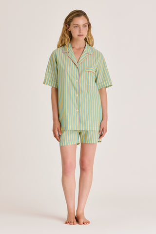 Ultra-Light Cotton Short Pajama Set - Striped - Turquoise and Yellow