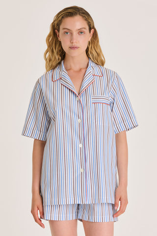 Fine Cotton Short Pajama Set - Striped - Sky Blue and Brown