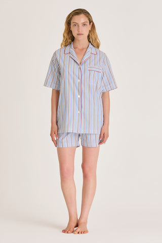 Fine Cotton Short Pajama Set - Striped - Sky Blue and Brown