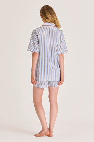 Fine Cotton Short Pajama Set - Striped - Sky Blue and Brown