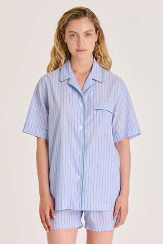 Ultra-Light Cotton Short Pajama Set - Pinstriped - Light Blue and Cherry Red