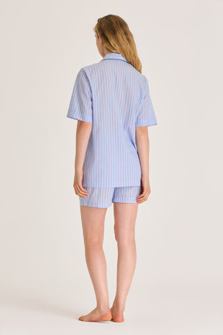 Ultra-Light Cotton Short Pajama Set - Pinstriped - Light Blue and Cherry Red