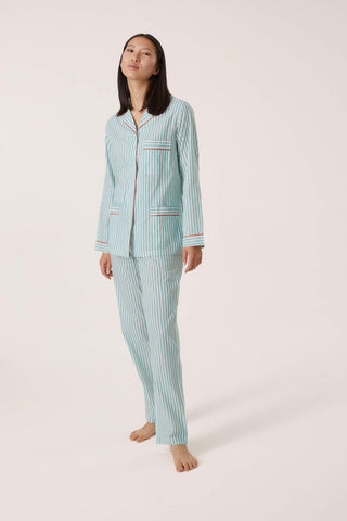 Ultra-Light Cotton Pajama Set - Striped - Beige, White and Mint