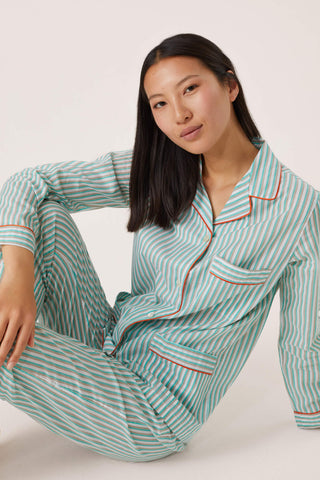 Ultra-Light Cotton Pajama Set - Striped - Beige, White and Mint
