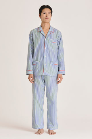 Fine Cotton Pajama Set - Striped - Navy Blue and Green