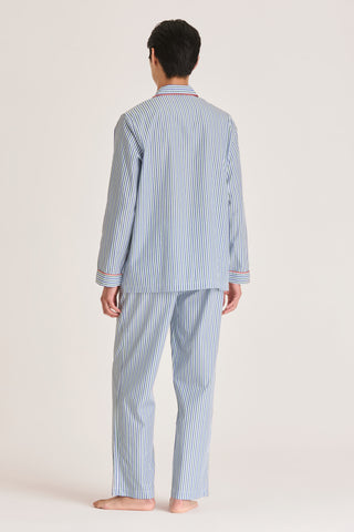 Fine Cotton Pajama Set - Striped - Navy Blue and Green