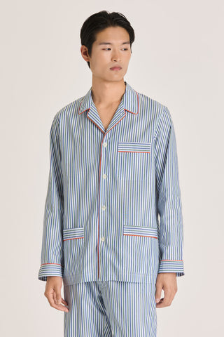 Fine Cotton Pajama Set - Striped - Navy Blue and Green
