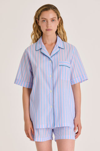 Ultra-Light Cotton Short Pajama Set - Striped - Sky Blue and Pink