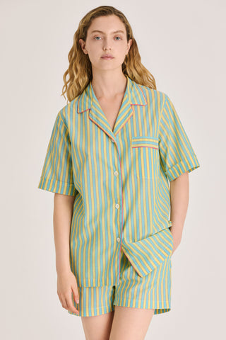Ultra-Light Cotton Short Pajama Set - Striped - Turquoise and Yellow