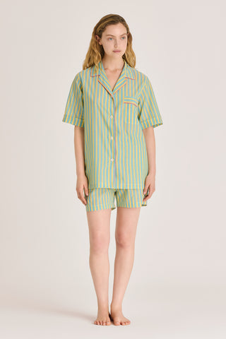 Ultra-Light Cotton Short Pajama Set - Striped - Turquoise and Yellow