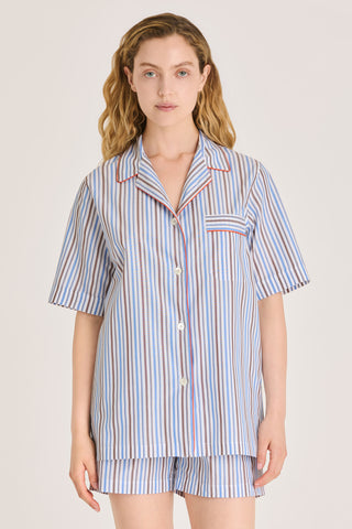 Fine Cotton Short Pajama Set - Striped - Sky Blue and Brown