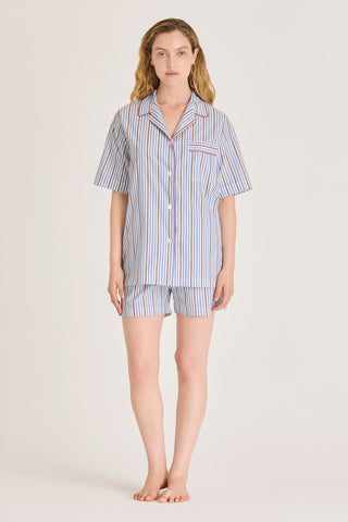 Fine Cotton Short Pajama Set - Striped - Sky Blue and Brown