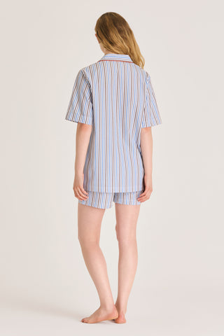 Fine Cotton Short Pajama Set - Striped - Sky Blue and Brown