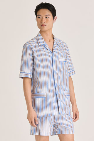 Fine Cotton Short Pajama Set - Striped - Sky Blue and Brown