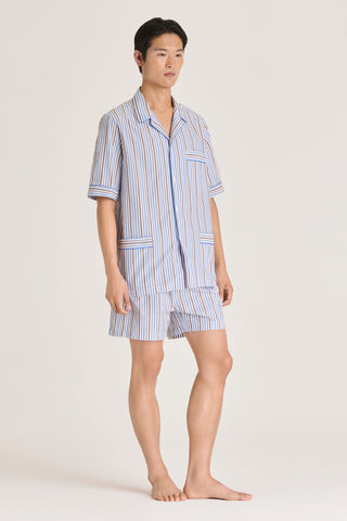 Fine Cotton Short Pajama Set - Striped - Sky Blue and Brown