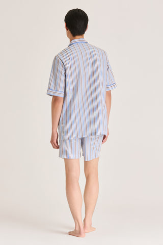 Fine Cotton Short Pajama Set - Striped - Sky Blue and Brown
