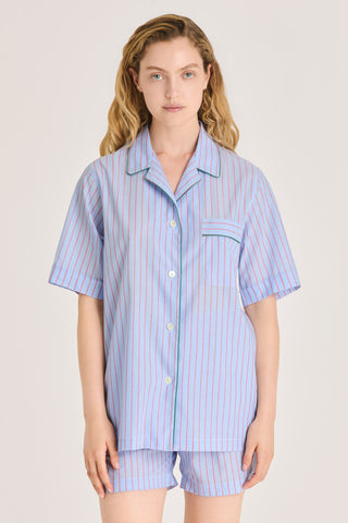 Ultra-Light Cotton Short Pajama Set - Pinstriped - Light Blue and Cherry Red