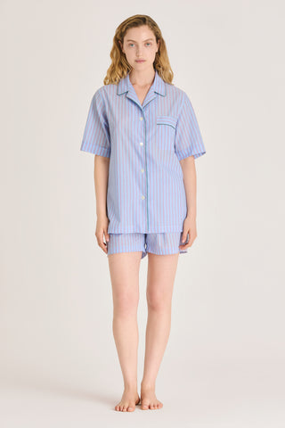 Ultra-Light Cotton Short Pajama Set - Pinstriped - Light Blue and Cherry Red