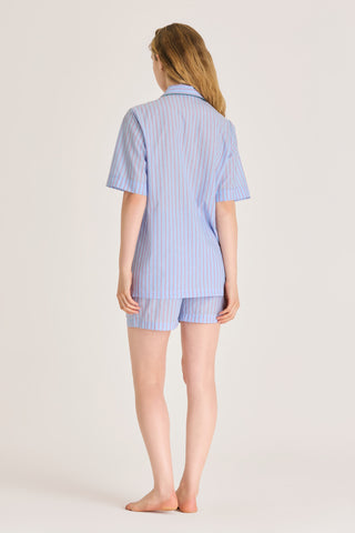 Ultra-Light Cotton Short Pajama Set - Pinstriped - Light Blue and Cherry Red