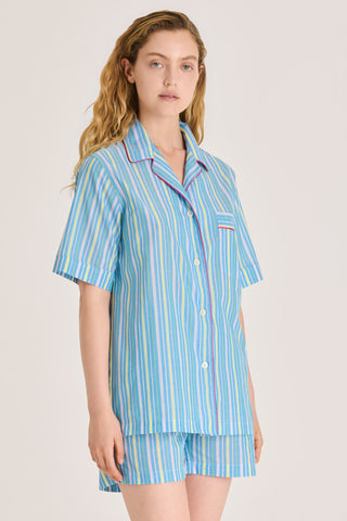 Ultra-Light Cotton Short Pajama Set - Striped - Aquamarine and Lime