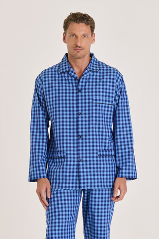 Cotton Pajama Set - Checkered - Navy and Light Blue