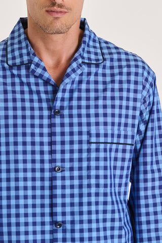 Cotton Pajama Set - Checkered - Navy and Light Blue