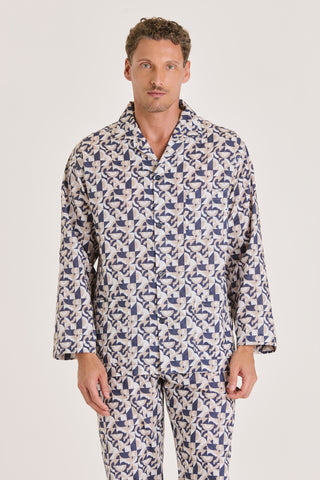Cotton Pajama Set - Geometric Print - Navy and Sand