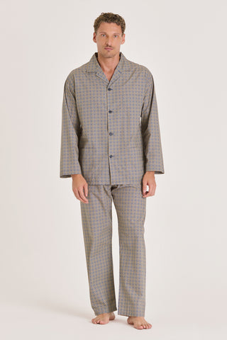 Cotton Pajama Set - Foulard Print - Ocher and Navy