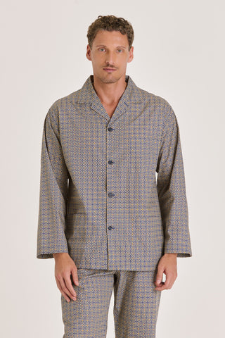 Cotton Pajama Set - Foulard Print - Ocher and Navy