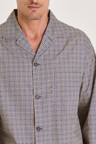 Cotton Pajama Set - Foulard Print - Ocher and Navy