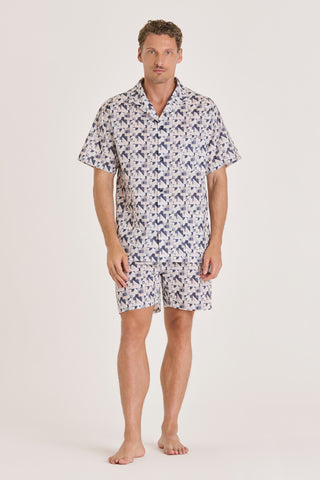 Cotton Short Pajama Set - Geometric Print - Navy and Beige